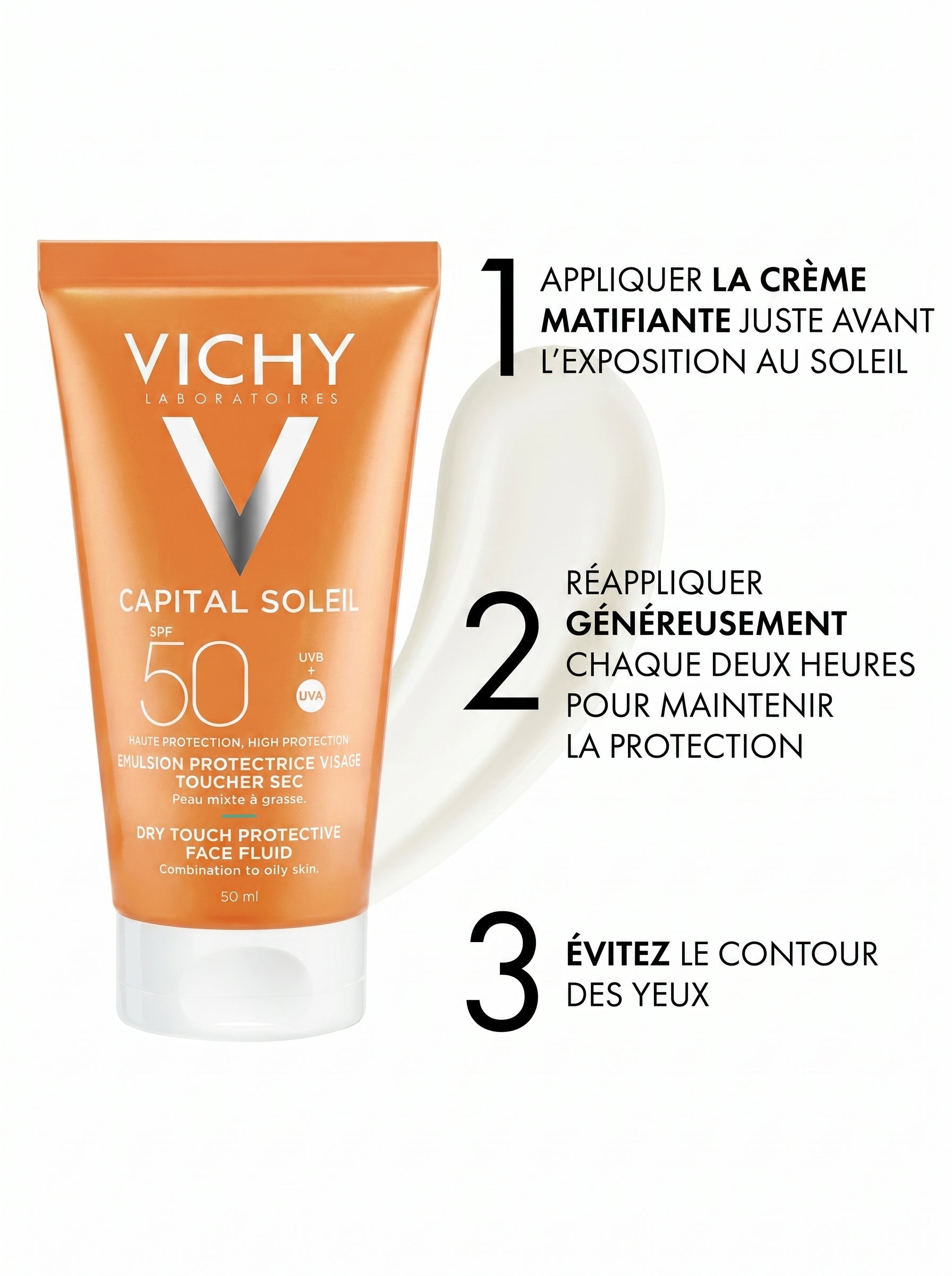 VICHY CAPITAL SOLEIL ÉMULSION ANTI-BRILLANCE TOUCHER SEC SPF50+ PEAU MIXTE À GRASSE 50 ML = APRÈS-SOLEIL 100 ML OFFERT