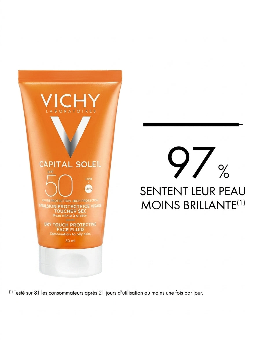 VICHY CAPITAL SOLEIL ÉMULSION ANTI-BRILLANCE TOUCHER SEC SPF50+ PEAU MIXTE À GRASSE 50 ML = APRÈS-SOLEIL 100 ML OFFERT