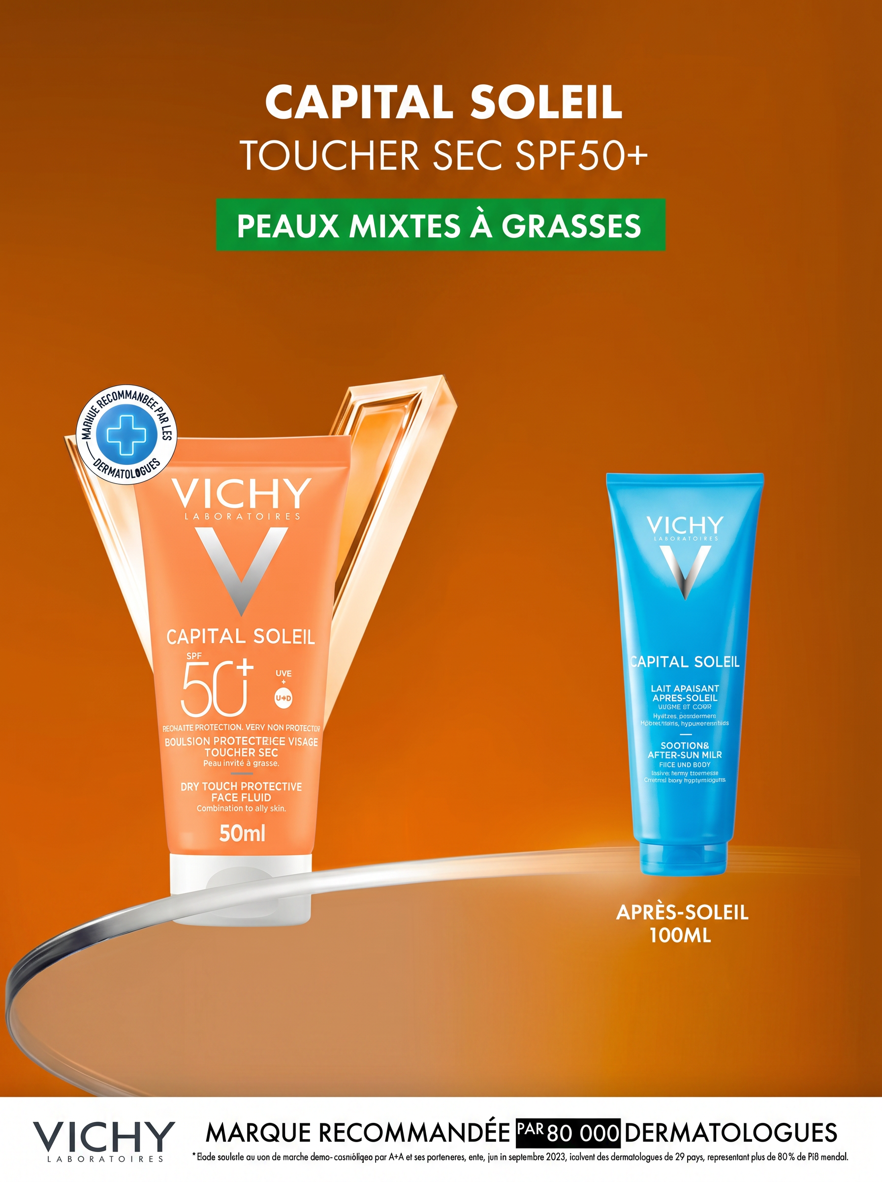 VICHY CAPITAL SOLEIL ÉMULSION ANTI-BRILLANCE TOUCHER SEC SPF50+ PEAU MIXTE À GRASSE 50 ML = APRÈS-SOLEIL 100 ML OFFERT