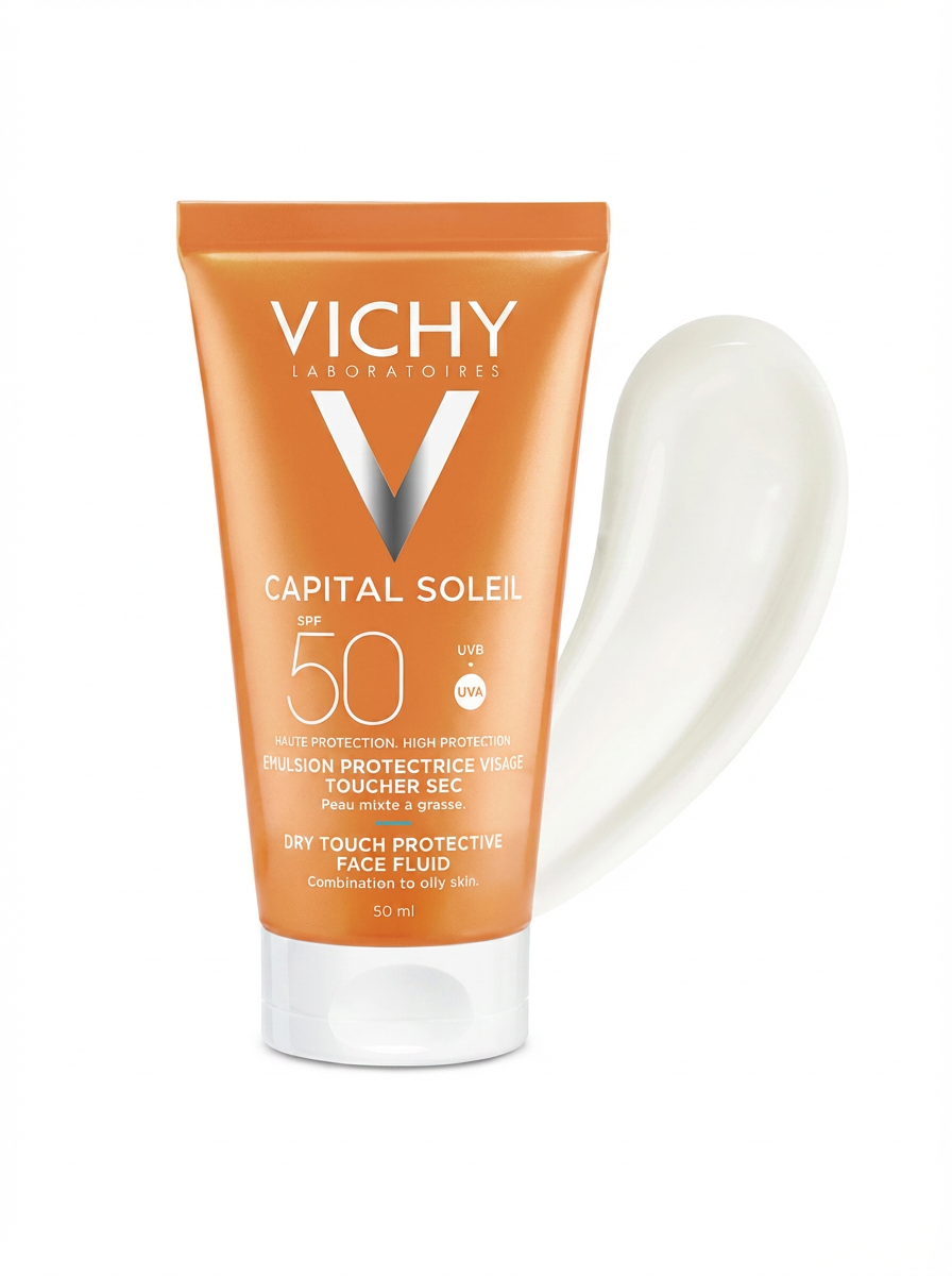 VICHY CAPITAL SOLEIL ÉMULSION ANTI-BRILLANCE TOUCHER SEC SPF50+ PEAU MIXTE À GRASSE 50 ML = APRÈS-SOLEIL 100 ML OFFERT